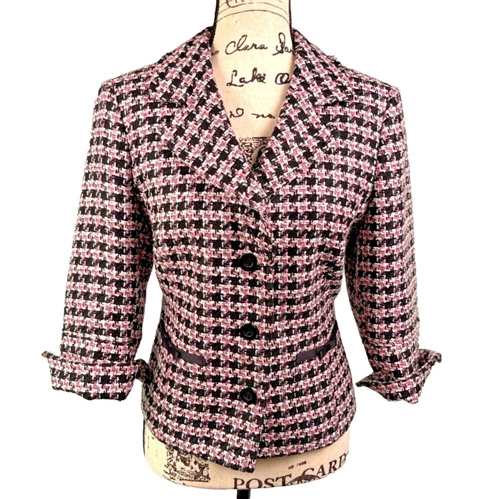 Vtg Houndstooth Blazer Black Pink Sz 10 Retro Careerwear Cuffed Sleeve Jackie